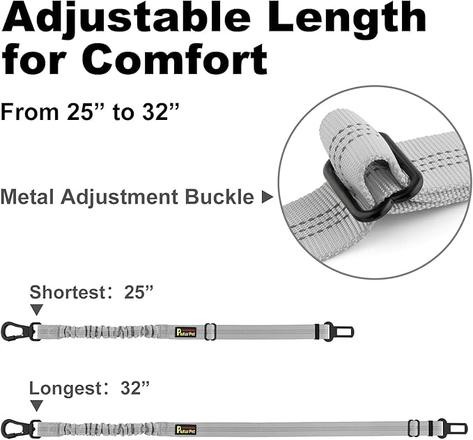 Plutus Pet Dog Seat Belt for Car, Adjustable Dog Car Harness with Carabiner Clip, Reflective Safety Dog Seatbelt Leash with Elastic Bungee, Gray