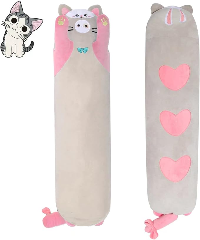 Long Cat Plush Kawaii Body Pillow， 35.4” Soft PP Cotton Filling Cartoon Cute Plushies Pillow for Children Funny Stuffed Animals for Girls Gifts（Pink