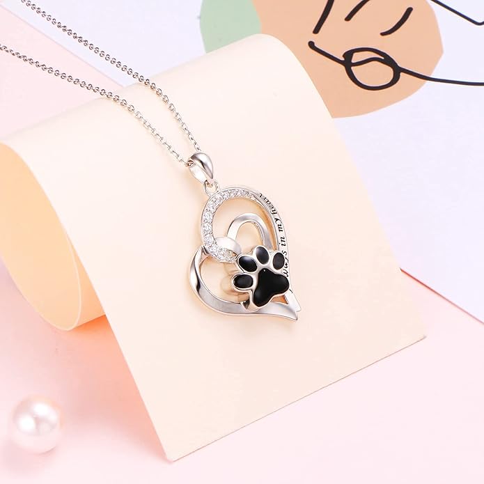 FLYOW 925 Sterling Silver Cute Paw Print Forever Love Heart Pendant Necklace/Bracelet/Stud Earrings Gift for Women, Box Chain 18"