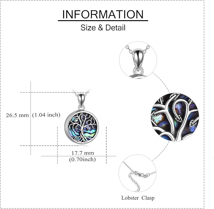 URONE Urn Necklaces for Ashes 925 Sterling Silver Abalone Shell Tree of Life Cremation Jewelry for Ashes Memory Jewelry for Women Men
