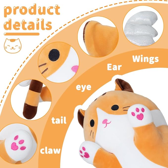 Long Cat Plush Body Pillow, Cute Cat Plush Toy Pillows with Wings, Stuffed Animals Kitten Soft Plushies Gifts for Kids Girls Girlfriend(Yellow, 43.3in/110cm)