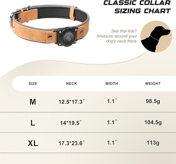 AirTag Dog Collar - Leather Dog Collar with Air Tag Holder | IPX8 Waterproof, Reflective, High - End, Adjustable Soft Padded | Dog GPS Tracker Collars Fit for Medium Large Dogs (Light Brown, L)