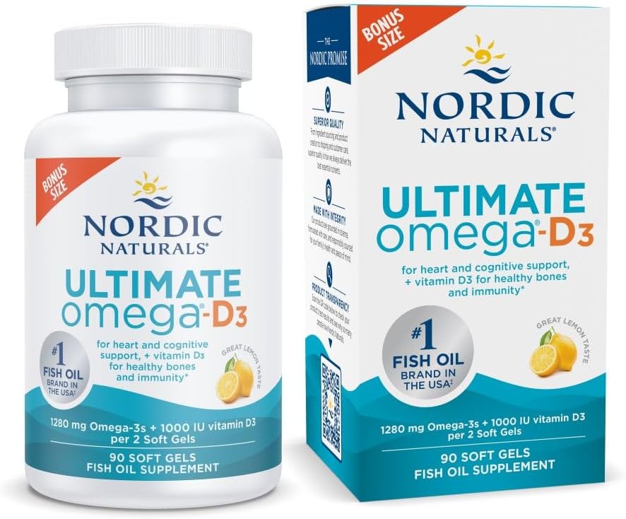 Nordic Naturals Ultimate Omega-D3, Lemon Flavor - 90 Soft Gels - 1280 mg Omega-3 + 1000 IU Vitamin D3 - EPA & DHA - Promotes Brain, Heart, & Immune Health - 45 Servings