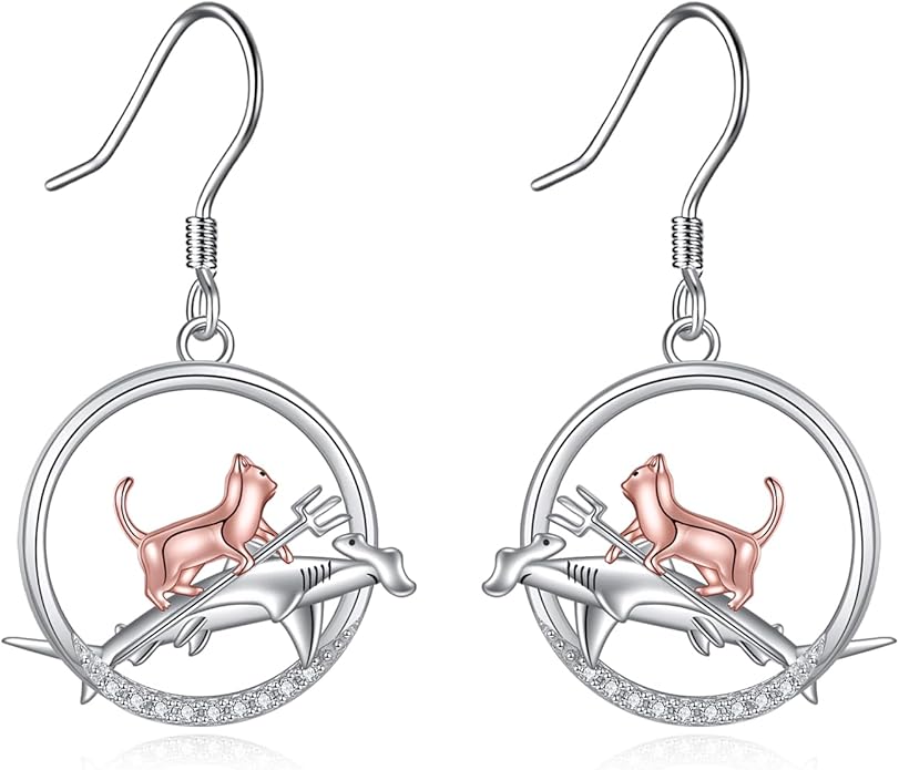YFN Cat Earrings for Women Sterling Silver Shark Dangle Earrings Cat Jewelry Gifts for Women Cat Lover Shark Jewelry for Shark Lover