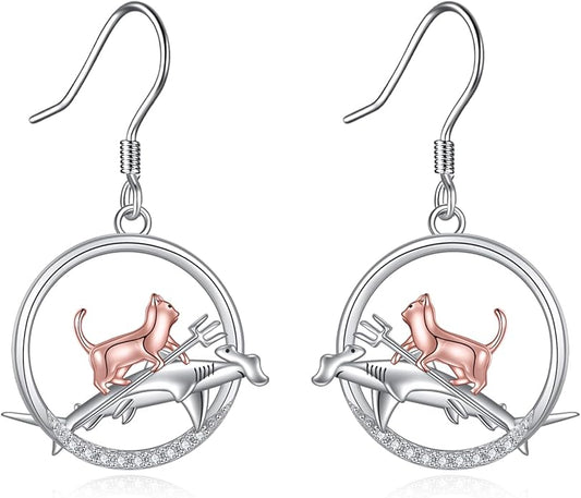 YFN Cat Earrings for Women Sterling Silver Shark Dangle Earrings Cat Jewelry Gifts for Women Cat Lover Shark Jewelry for Shark Lover