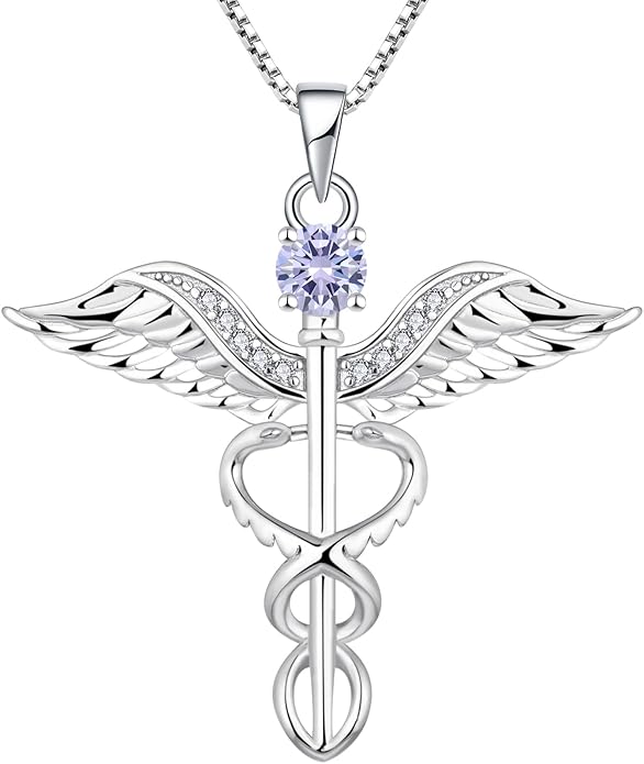 YL Caduceus Necklace Sterling Silver Doctor Nurse Themed Pendant Birthstone Angel Wings Snake Jewelry for Women
