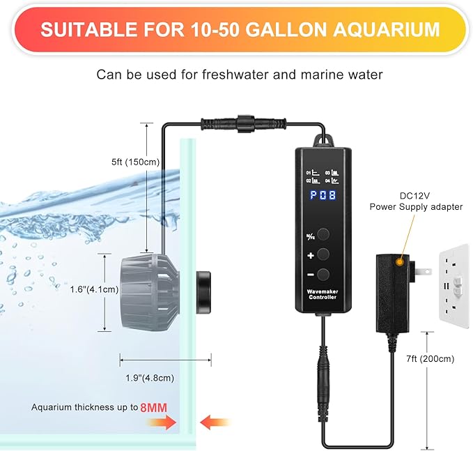 1050GPH Aquarium Wave Maker with Controller Mini DC12V 6W Powerhead with Magnetic Mounting, Nano Wavemaker for 10 to 50 Gallon thickness up to 8mm(1/4") Tank,