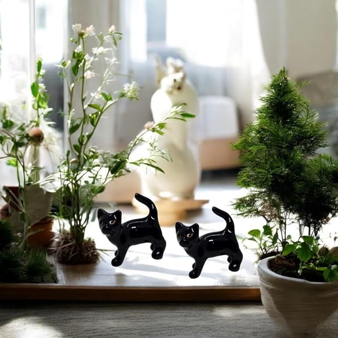 WitnyStore Tiny ¾ Long Black Shorthair Cat Playing Ball Figurine - Miniature Hand Made Painted Ceramic Cats Kitten Feline Animal Cute Porcelain Decorative Collectible Figure Décor Gifts