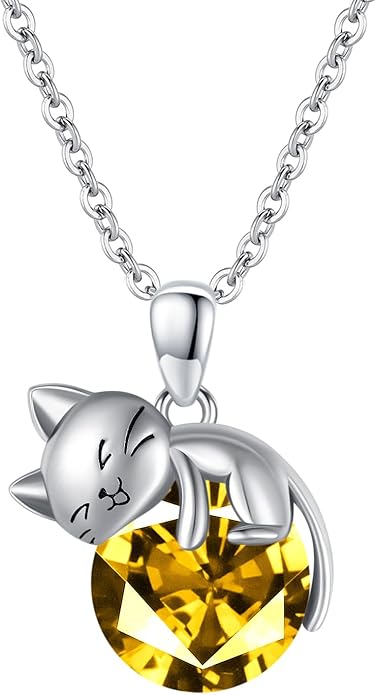 LONAGO Cat Necklace with Birthstone 925 Sterling Silver Cat Pendant Necklace Gift for Women