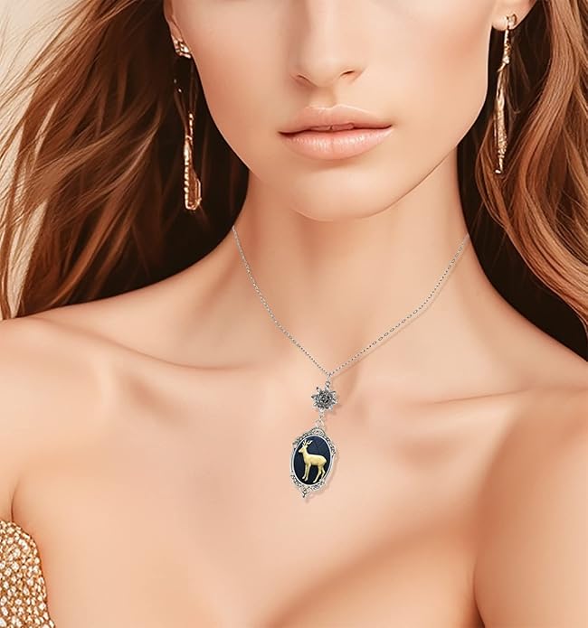 Yspace Lotus Charm Necklace Antique Decor Cameo Pendant 2 Chains Velvet Pouch for Gift