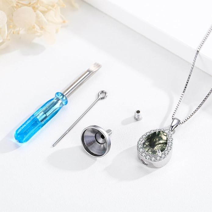 Urn necklace for Ashes 925 Sterling Silver Opal/Turquoise/Moonstone/Moss agate Pendant Cremation Memory Jewelry Keepsake Gifts for Women