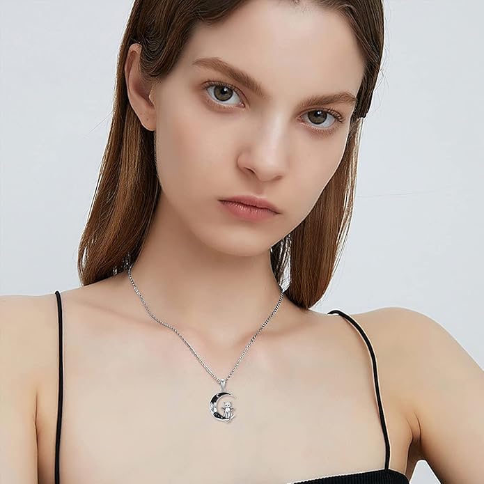 Gothic Jewelry Bat/Cat/Wolf/Dragon/Owl/Fox/Spider/Sun Pendant Sterling Silver Crescent Moon Necklace for Women Girls Black Jewelry Gifts