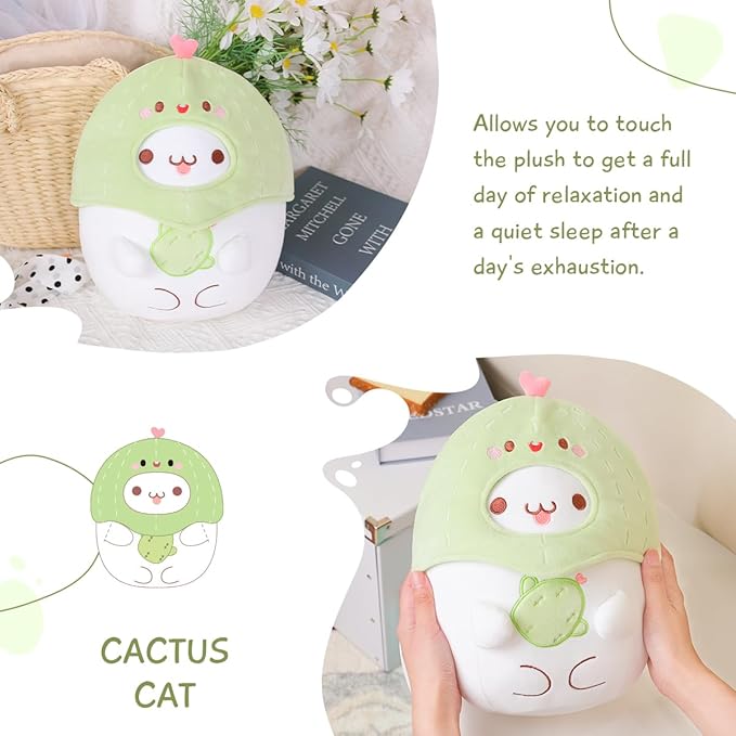 AIXINI Cute Cactus Cat Plush Pillow 10" Kitten Stuffed Animal, Soft Kawaii Cat Plushie with Cactus Outfit Costume, Hugging Plush Squishy Pillow Toy
