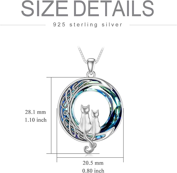 TOUPOP Cat Gifts for Cat Lovers 1 2 3 Cats Necklace Sterling Silver Cat on the Moon Pendant Necklace with Blue Circle Crystal Birthday Christmas Celtic Jewelry Gifts for Women