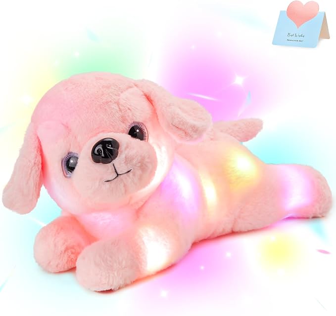 Glow Guards 15'' Pink Light up Puppy Dog Stuffed Animal Soft Plush Toy Pillow with LED Night Lights Pink Glow Bedtime Pal Birthday Children's Day Gifts for Toddler Kids