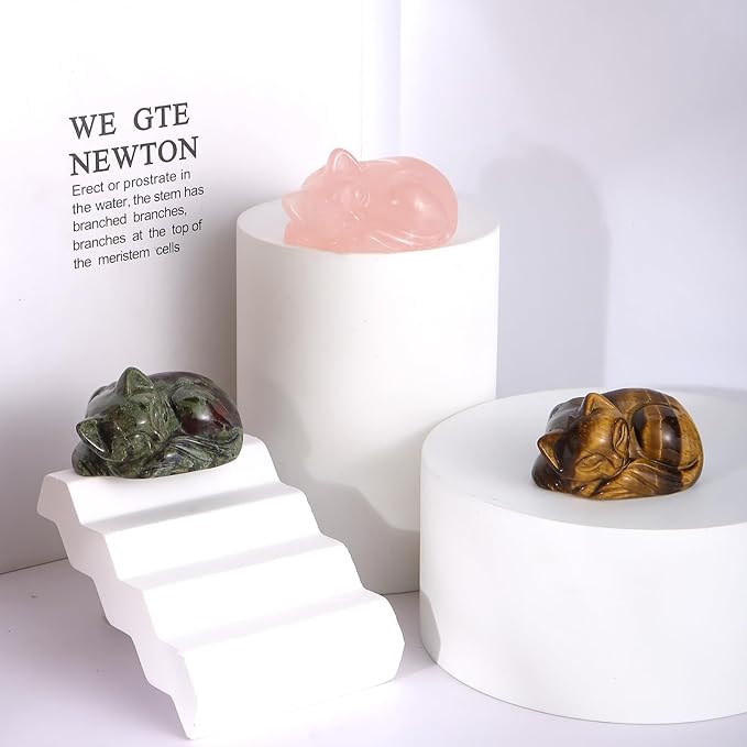 2" Sleeping Cat Statue Dragon Blood Healing Crystals Hand Carved Cute Kitten Figurine, Worry Stone for Anxiety Relif Home Desk Decor Animal Figurine