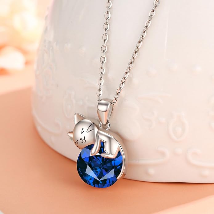 LONAGO Cat Necklace with Birthstone 925 Sterling Silver Cat Pendant Necklace Gift for Women
