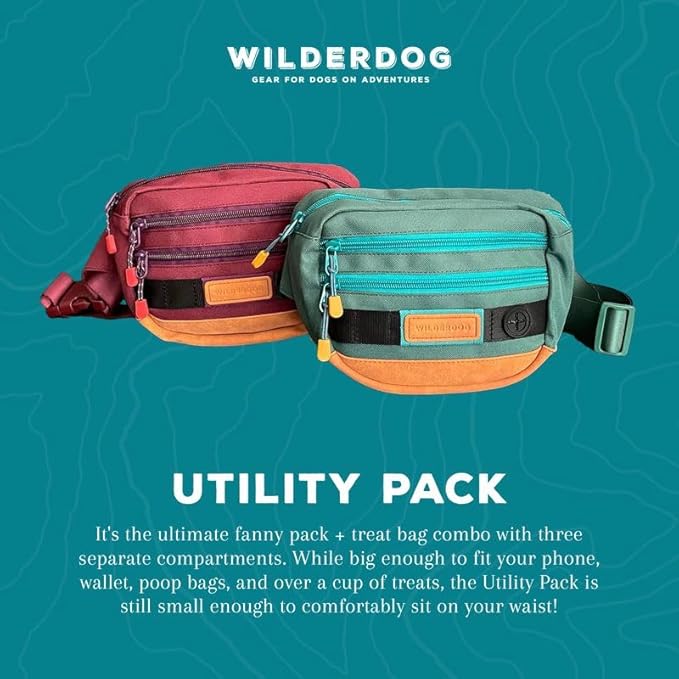 Wilderdog Utility Fanny Pack stores Treats, Balls, Keys in 3 Pockets with adjustable strap and Poop Bag dispenser (Pacific Blue)