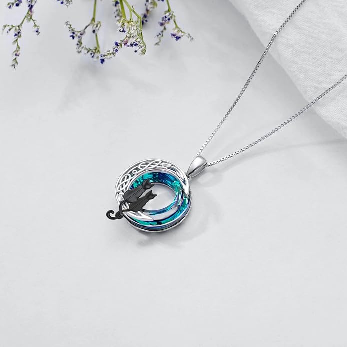 TOUPOP Cat Gifts for Cat Lovers 1 2 3 Cats Necklace Sterling Silver Cat on the Moon Pendant Necklace with Blue Circle Crystal Birthday Christmas Celtic Jewelry Gifts for Women
