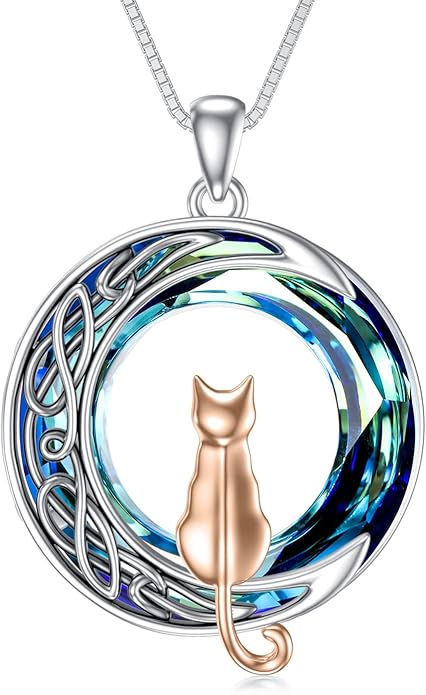 TOUPOP Cat Gifts for Cat Lovers 1 2 3 Cats Necklace Sterling Silver Cat on the Moon Pendant Necklace with Blue Circle Crystal Birthday Christmas Celtic Jewelry Gifts for Women