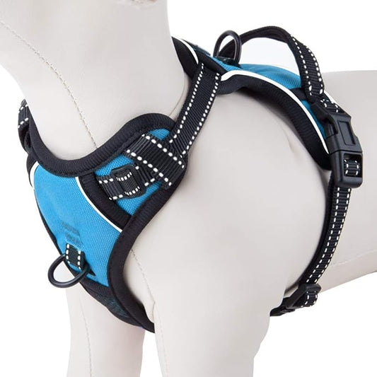 PHOEPET Reflective Dog Harness No Pull Large Breed Vest with 2 Metal Leash Attachment Hooks(XL, Blue)