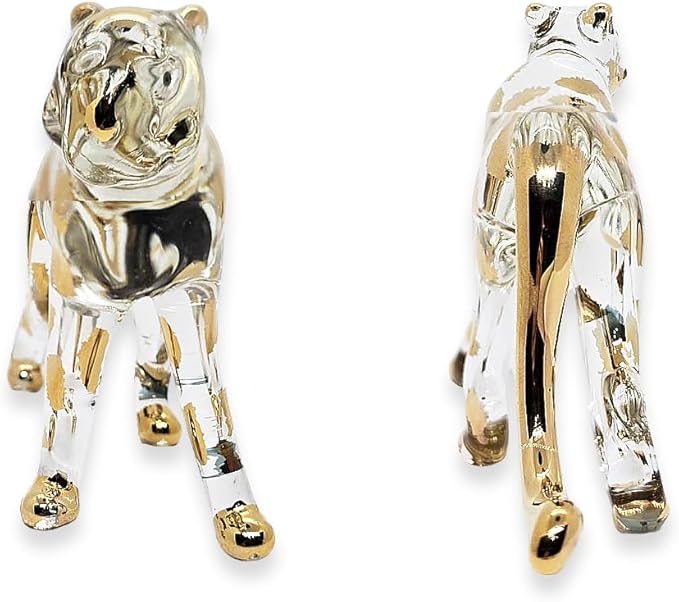 WitnyStore Tiny 5" Clear Gold Stand Cheetah Leopard - Miniature Hand Blown Painted Glass Panthera Feline Wild Cats Small Crystal Wildlife Animals Decorative Figures Collectible Figurines Décor Gifts