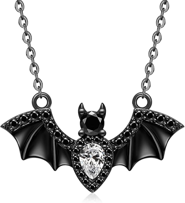 Halloween Bat Necklace for Women Sterling Silver Black Bat Pendant Necklace Gothic Flying Animal