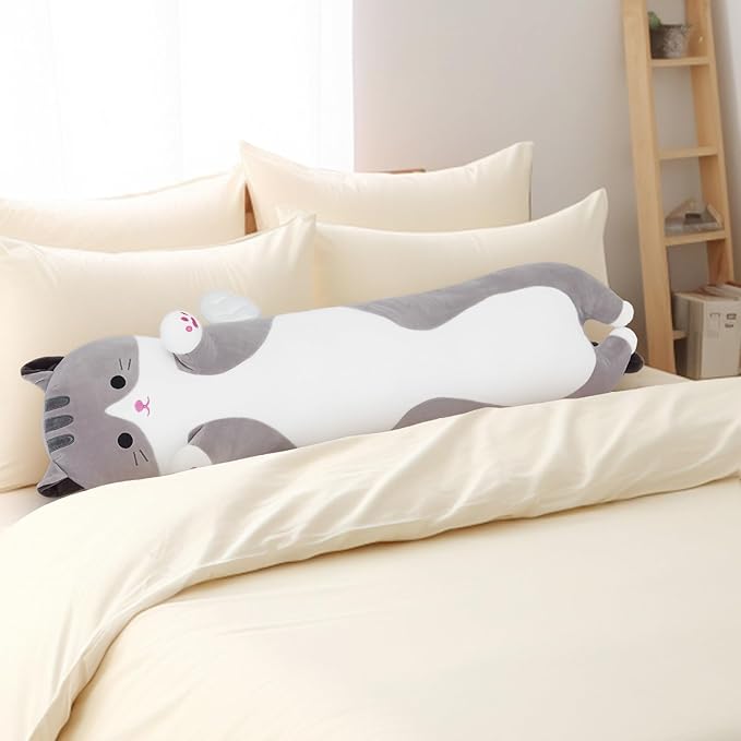 Long Plush Toy Cat Pillow Cute Plush Cat Toy Doll Stuffed Animal Cat Hugging Pillow for Sleeping Gift for Kids and Girls(Gray,110cm/43.3in)