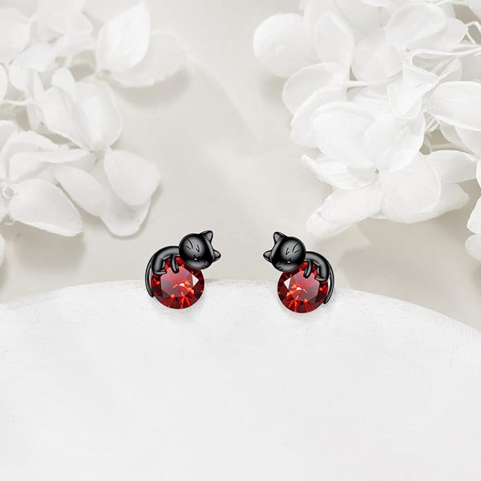 Sterling Silver Birthstone Black Cat Stud Earrings - Cat Birthstone Earrings for Women's Birthday Gift
