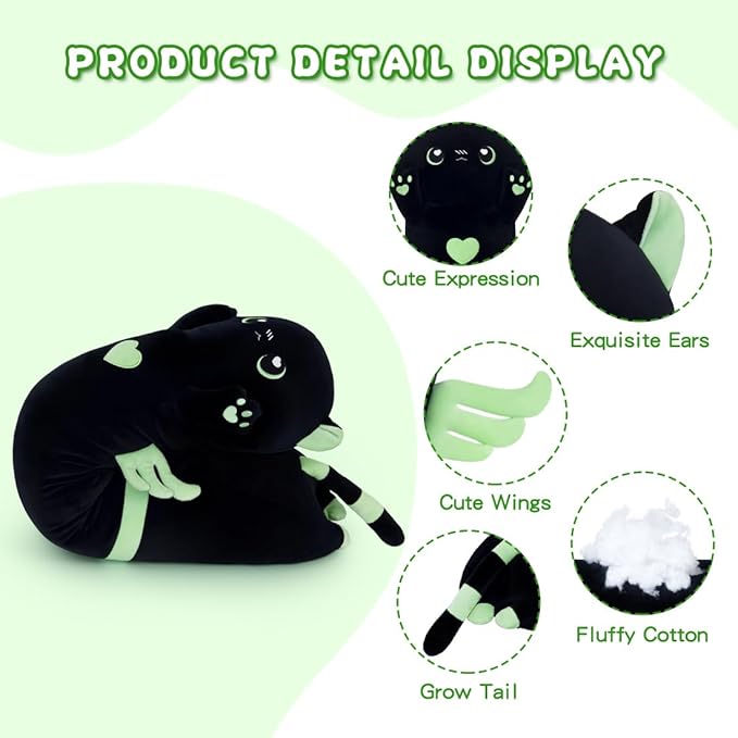 Long Cat Plush Body Pillow, Cute Cat Plush Toy Pillows with Wings, Stuffed Animals Kitten Soft Plushies Gifts for Kids Girls Girlfriend(AngelCat Green, 43.3in/110cm)