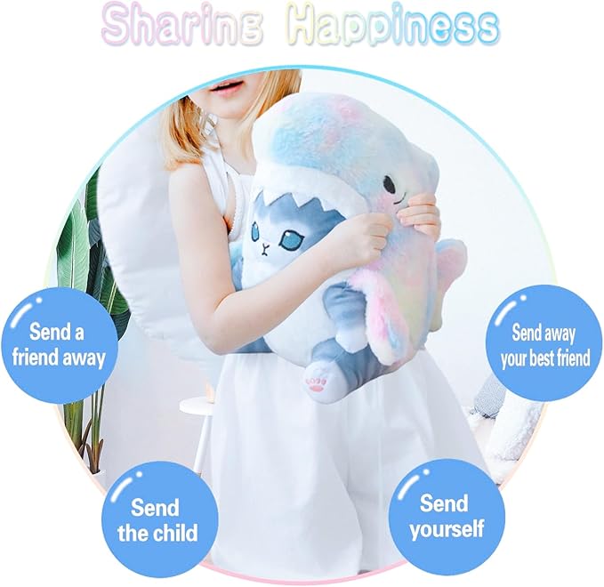 Kawaii Shark Cat Plush Toy Stuffed Animal Doll, Cute Soft Pillow Stress Release Hugs Toys Christmas Halloween Birthday Gifts for Kids Boys Girl Best Gift (Colorful - Gray,19 inch)