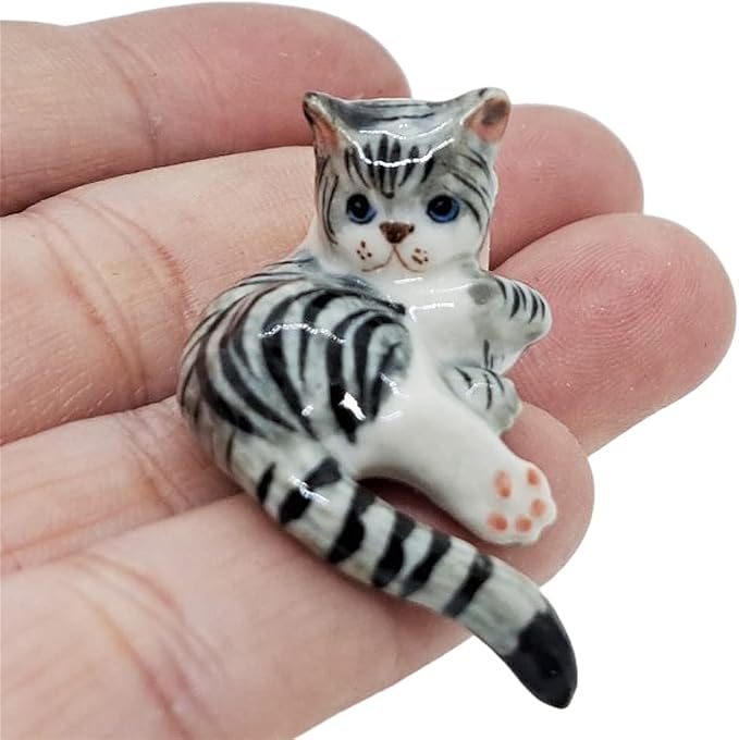 WitnyStore Tiny 1⅜" Gray White Tabby Shorthair Cat Lying Look Back Hang Tail Figurine - Miniature Hand Made Ceramic Cats Kitten Feline Animal Cute Porcelain Decorative Collectible Figures Décor Gifts
