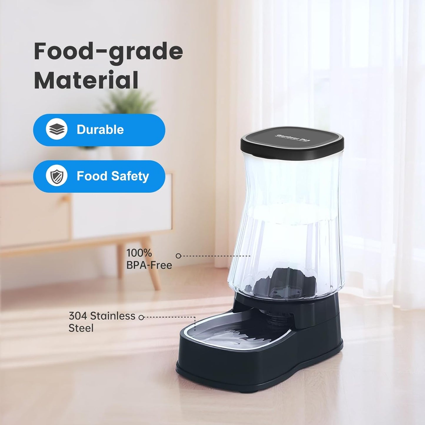 Gardner Pet Automatic Gravity Water Dispenser for Dogs, 1.6Gallon Large Dog Water Bowl Dispenser with Stainless Steel, 100% BPA-Free Pet Water Fountain with Filter for Dogs, Cats, Puppies(Black)