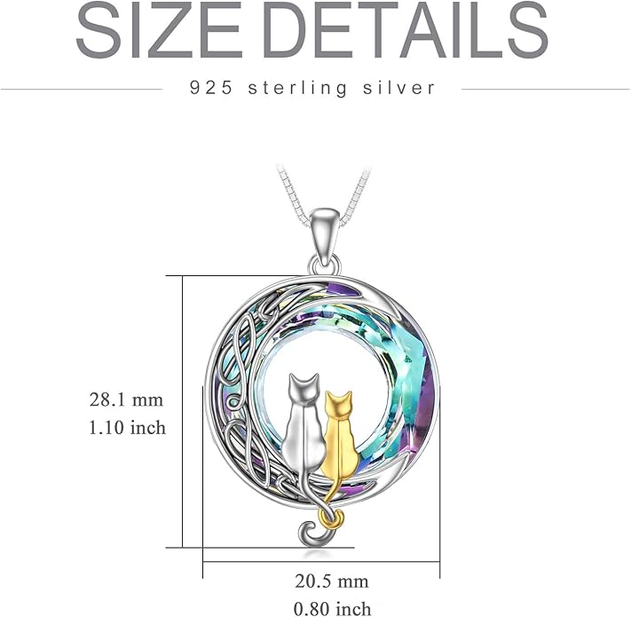 TOUPOP Cat Gifts for Cat Lovers 1 2 3 Cats Necklace Sterling Silver Cat on the Moon Pendant Necklace with Blue Circle Crystal Birthday Christmas Celtic Jewelry Gifts for Women