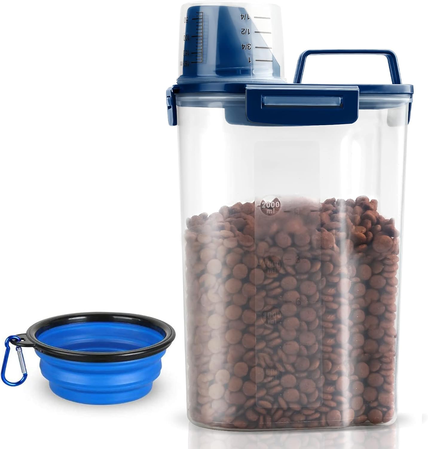 Upgraded Dog Food Storage Container Small, Cat Food Container Airtight, Pet Food Container Dispenser with Pour Spout, Measuring Cup and 4 Seal Buckles for Dogs, Cats, Birds (Blue)