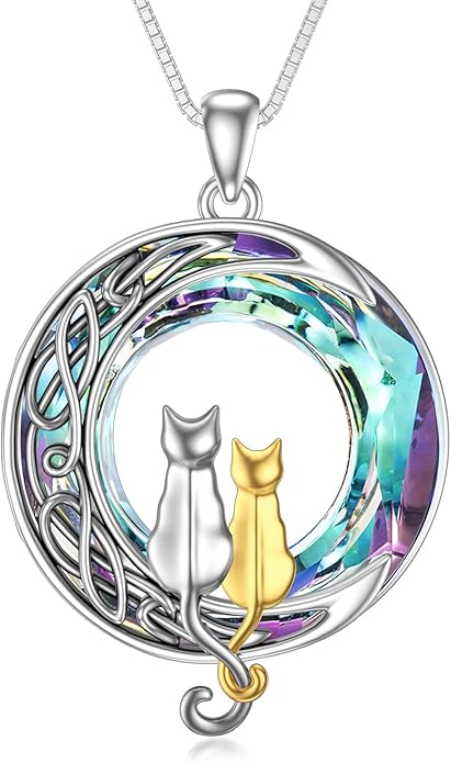TOUPOP Cat Gifts for Cat Lovers 1 2 3 Cats Necklace Sterling Silver Cat on the Moon Pendant Necklace with Blue Circle Crystal Birthday Christmas Celtic Jewelry Gifts for Women
