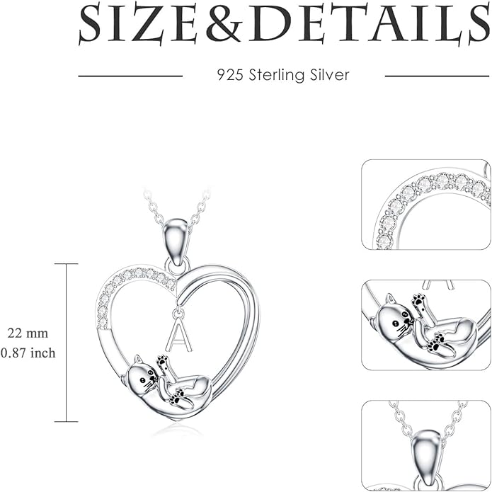 LONAGO Cat Heart Necklace with Initial Silver Cat Initial Necklace 26 Alphabets Cat Jewelry Gift for Women