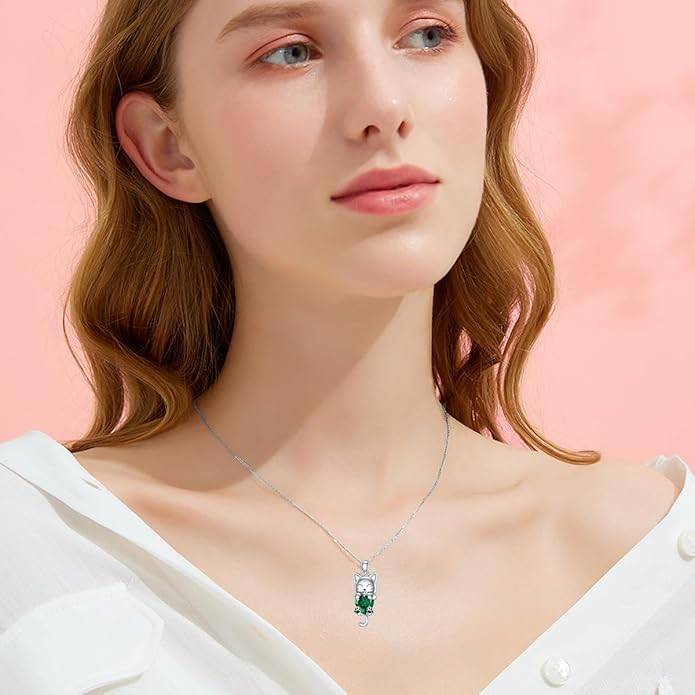 LONAGO Cat Necklace with Heart Birthstone Cat Pendant Necklace Sterling Silver Gifts for Women
