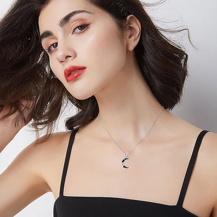 Gothic Jewelry Bat/Cat/Wolf/Dragon/Owl/Fox/Spider/Sun Pendant Sterling Silver Crescent Moon Necklace for Women Girls Black Jewelry Gifts