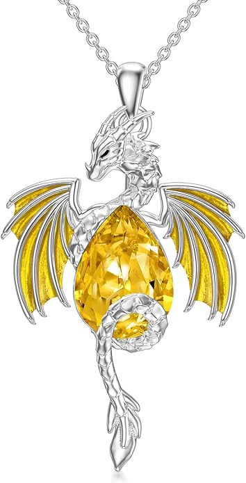 Dragon Necklace for Men Sterling Silver Birthstone Wyvern Necklace Embllished with Teardrop Shaped Crystal Jewelry for Women