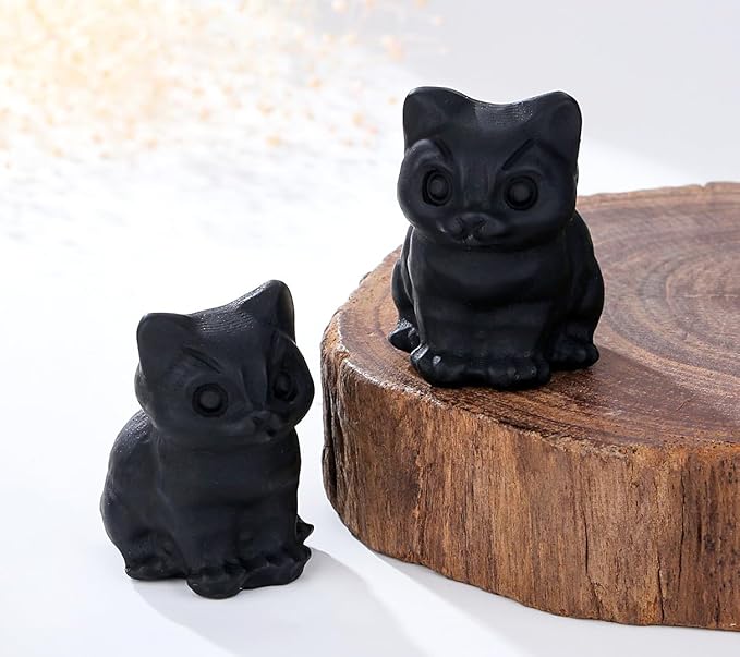 DUQGUHO Matte Black Obsidian Cat Crystal Figurines Gifts for Women & Men - Lucky Cute Cat Statue - Room & Desk Decor - 1PC