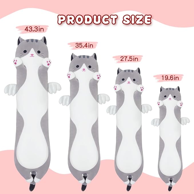 Long Plush Toy Cat Pillow Cute Plush Cat Toy Doll Stuffed Animal Cat Hugging Pillow for Sleeping Gift for Kids and Girls(Gray,110cm/43.3in)