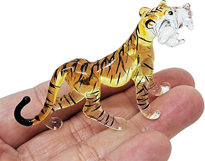 WitnyStore Tiny 2½" Long Yellow Black Standing Tiger Roaring Figurine - Miniature Hand Blown Painted Glass Panthera Wild Cat Small Crystal Wildlife Animals Decorative Collectible Figurines Décor Gifts