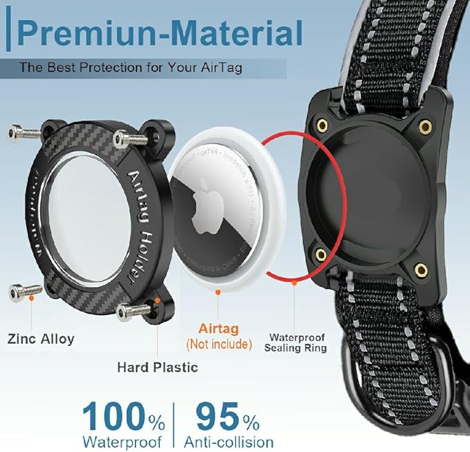 Upgraded AirTag Dog Collar, IP68 Waterproof Dog Collar with Apple Air Tag Holder, Reflective Adjustable Heavy Duty Dog Collars with Soft Padded for Small, Medium and Large Dogs,Black, M