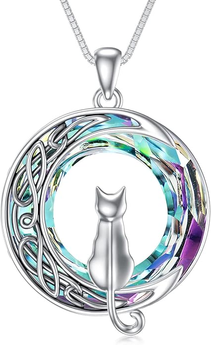 TOUPOP Cat Gifts for Cat Lovers 1 2 3 Cats Necklace Sterling Silver Cat on the Moon Pendant Necklace with Blue Circle Crystal Birthday Christmas Celtic Jewelry Gifts for Women