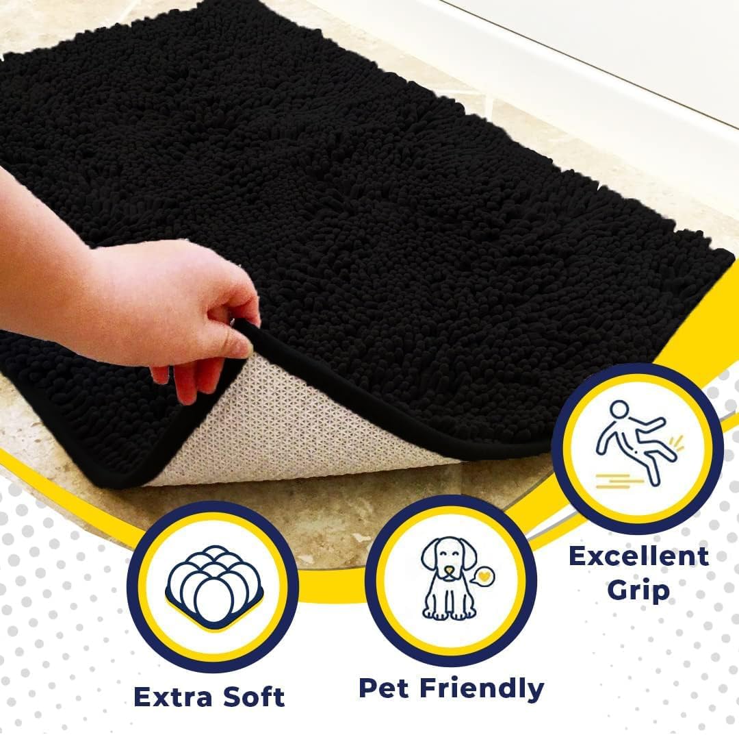 Muddy Mat® AS-SEEN-ON-TV Highly Absorbent Microfiber Door Mat and Pet Rug, Non Slip Thick Washable Area and Bath Mat Soft Chenille for Kitchen Bathroom Bedroom Indoor and Outdoor - Black XXL 60"X48"