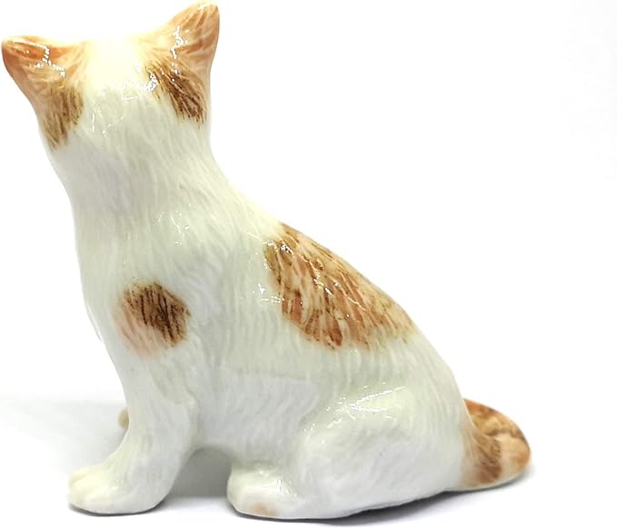 ZOOCRAFT Ceramic Cat Figurine Porcelain Handmade Miniatures Collectible White Brown Sitting