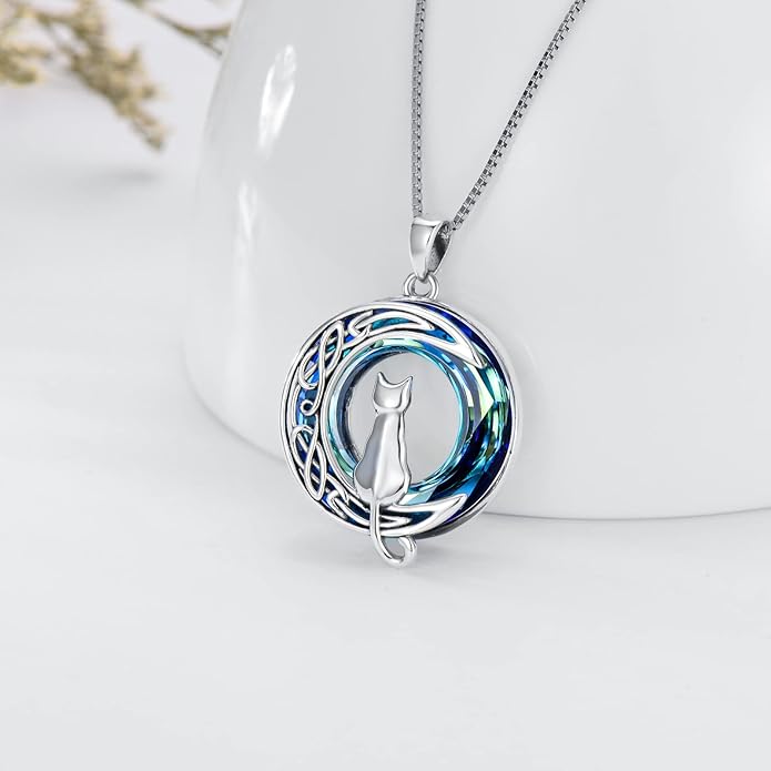 TOUPOP Cat Gifts for Cat Lovers 1 2 3 Cats Necklace Sterling Silver Cat on the Moon Pendant Necklace with Blue Circle Crystal Birthday Christmas Celtic Jewelry Gifts for Women