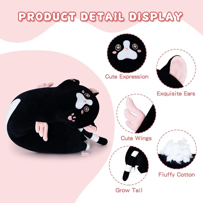 Long Plush Toy Cat Pillow Cute Plush Cat Toy Doll Stuffed Animal Cat Hugging Pillow for Sleeping Gift for Kids and Girls(Black&Pink,110cm/43.3in)