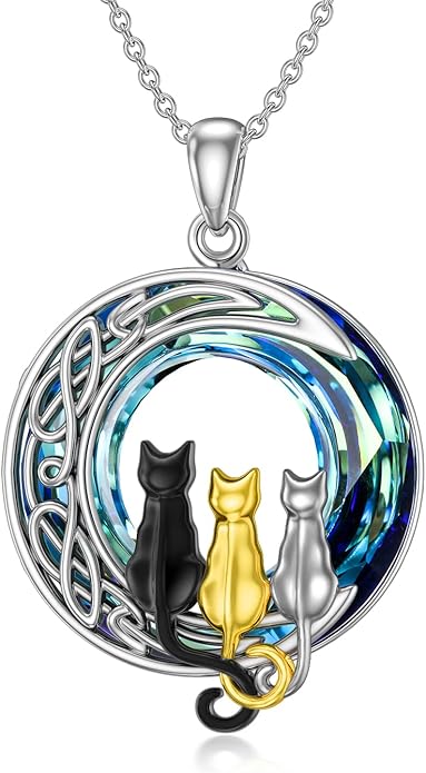 TOUPOP Cat Gifts for Cat Lovers 1 2 3 Cats Necklace Sterling Silver Cat on the Moon Pendant Necklace with Blue Circle Crystal Birthday Christmas Celtic Jewelry Gifts for Women